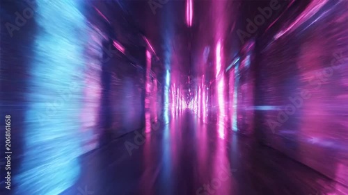 Abstract Neon Cyberpunk Corridor Flying Through at High Speed, Futuristic Sci-Fi Data Stream Motion Graphics Background