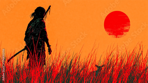 Silhouette of samurai warrior standing in tall grass at sunset