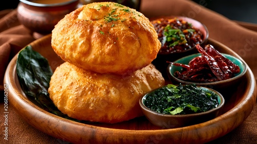 Golden fried Poori bread stacked high on a wooden plate, served with spicy Indian chutneys and dried red chilies