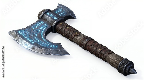 Fantasy Battle Axe with Glowing Runes and Leather Wrapped Handle in White Background