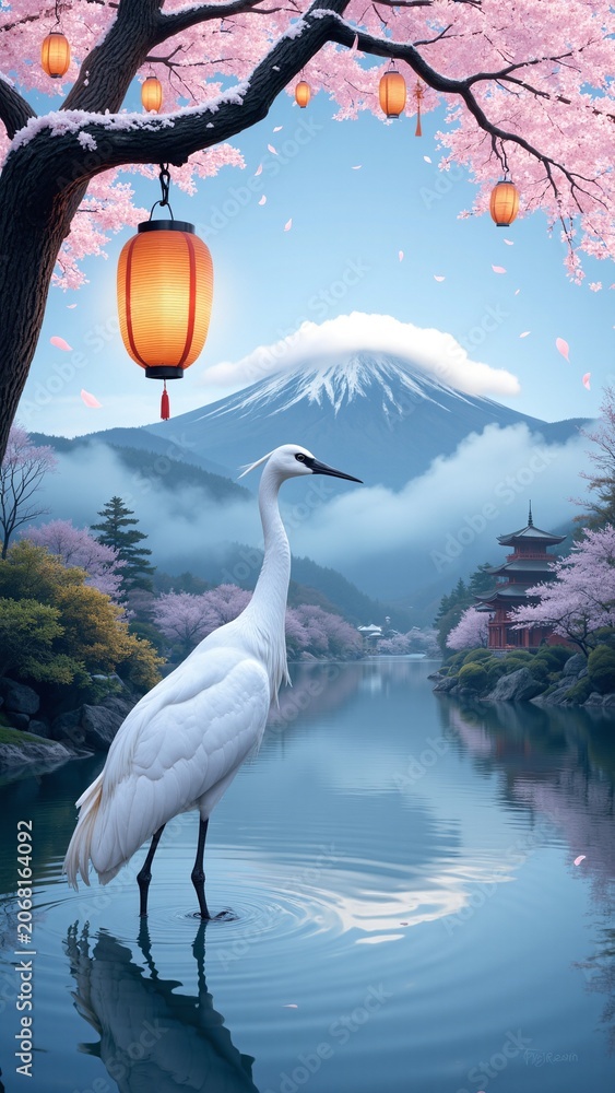 Fototapeta premium Majestic White Crane Standing on Misty Lake in Japan