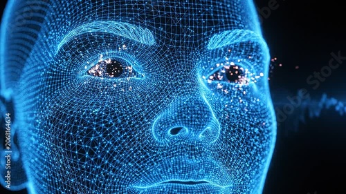 Artificial Intelligence Digital Human Face Wireframe Processing Audio Waveform and Sound Data with Glowing Eye Particles, Isolated on Black Background, 3D Render Animation