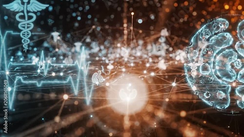 Abstract Medical Technology Network Connecting Healthcare Icons and Heartbeat Pulse in Digital Space, 3D Motion Graphics