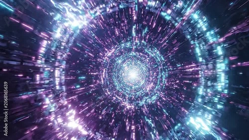 Futuristic Sci-Fi Tunnel Flying Through Digital Wormhole with Neon Purple and Blue Lights and Electric Arcs, High Speed Motion Graphics VJ Loop