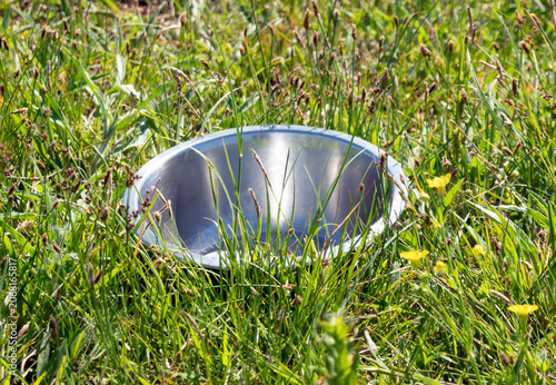 Stainless steel bowl in the grass