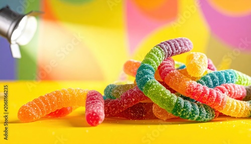 Vibrant, sugar-coated gummy worms tangled together, glistening with colorful sweetness on a bright yellow surface, offering a delightful treat.