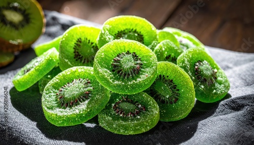 Vibrant Sugar-Coated Kiwi Slices With Visible Seeds Artfully Scattered On A Wooden Surface