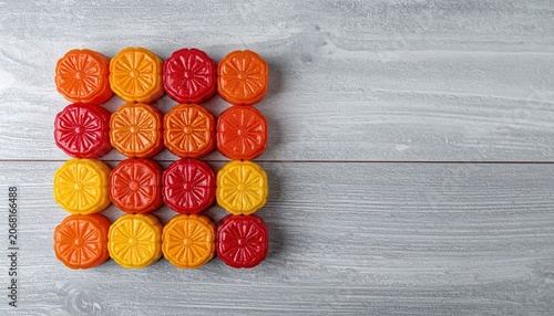 Vibrant Sweet Fruit Flavored Hard Candies Arranged in a Geometric Mosaic Pattern on a Rustic Wooden Surface