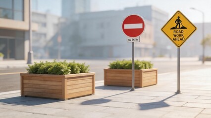 Street signs and planters on sidewalk
