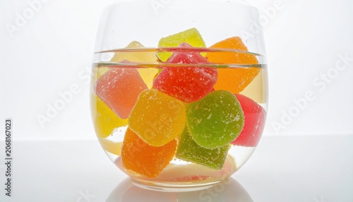 Vibrant translucent fruit jelly candies suspended in clear water inside a glass container