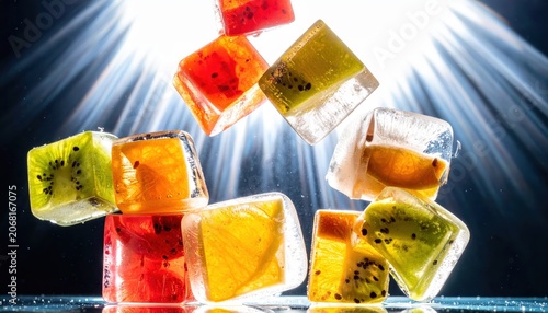 Vibrant translucent fruit jelly cubes suspended in clear liquid, showcasing delectable textures and refreshing colors