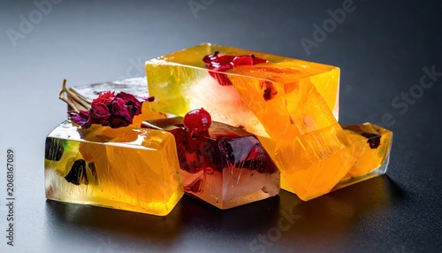 Vibrant Translucent Fruit Jelly Cubes with Floral Accents, Modern Culinary Artistry