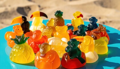 Vibrant Tropical Fruit Gummies in Exotic Animal Shapes Including Toucans and Monkeys, A Delightful Sweet Treat Collection