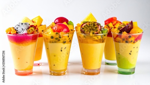 Vibrant Tropical Fruit Desserts in Glass Cones Showcasing Fresh Exotic Flavors and Colors