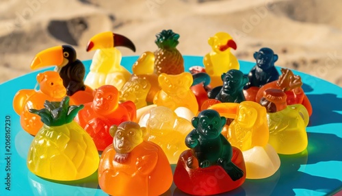 Vibrant Tropical Fruit Gummies in Exotic Animal Shapes Including Toucans and Monkeys, A Delightful Sweet Treat Collection