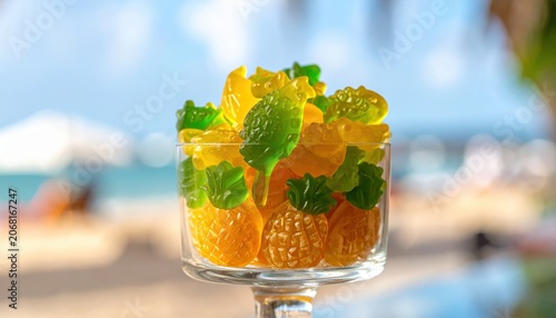 Vibrant tropical fruit gummies in fun exotic shapes of pineapples and parrots served in a clear glass dish