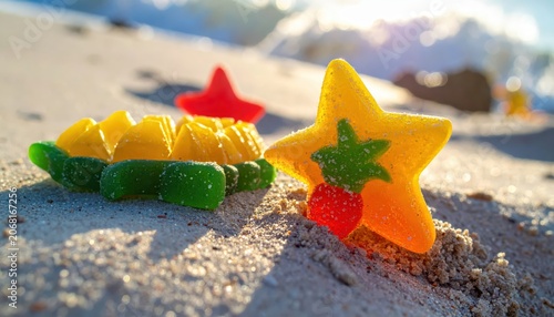 Vibrant tropical fruit gummies in playful shapes arranged on sandy beach shore