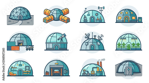 Collection of futuristic space colony dome habitat vector icons