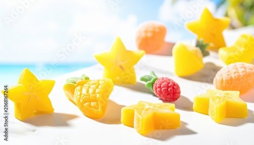 Vibrant Tropical Fruit Gummies in Playful Star and Wave Shapes with Summer Beach Background