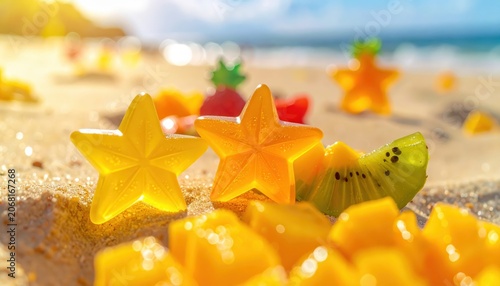 Vibrant Tropical Fruit Gummies Shaped Like Stars and Waves Sit on a Sandy Beach with a Blurry Ocean Background