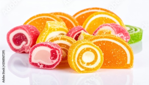 Vibrant Tropical Fruit Gummy Candies in Bright Orange, Yellow, and Pink Shades Artfully Arranged