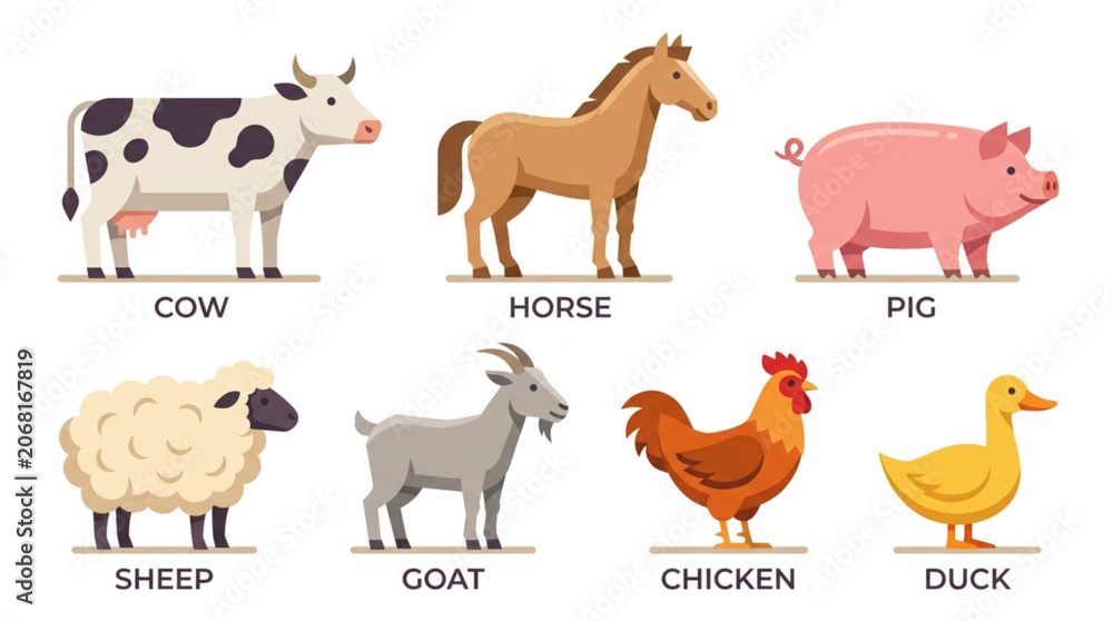 Obraz premium Cute farm animals set including cow horse pig sheep goat chicken and duck vector illustration