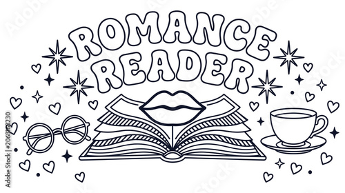 Photos Romance reader line art with open book lips glasses and tea cup for bibliophiles and fans