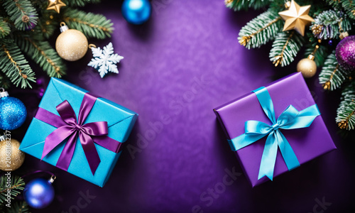 top down view of a blue and a purple gift box with ribbons surrounded by fir branches colorful baubles and a golden star on a textured purple surface.