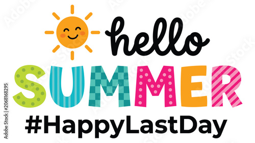 Foto Hello summer happy last day school graduation design with smiling sun and colorful letters