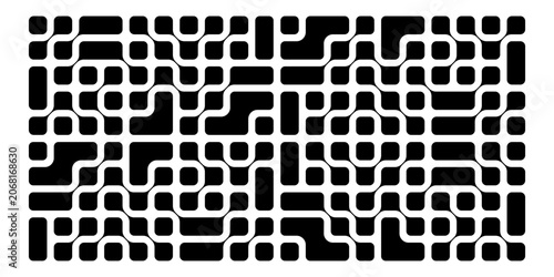 Metaballs pattern. Circuit background. Black connected square dots with round edges, nano molecules, neurons or biological cells. Modern abstract print. Vector graphic illustration.