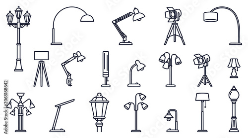 Konstfotografi Various lamps and lighting fixtures including street lamps and desk lamps