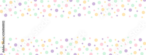Top and bottom borders with cute colorful dots print. Polka dot background. Falling confetti pattern. Birthday celebration banner. Happy vibes wallpaper. Vector flat illustration.