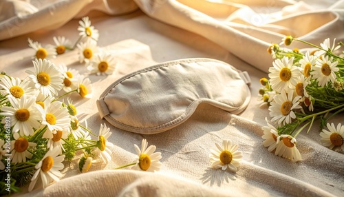 Relaxing Bedroom Self Care Scene with Sleep Mask and White Daisies