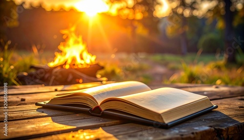 Cozy Outdoor Study Scene with Open Book and Fire