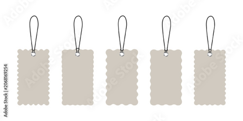 Set of rectangular paper tags with scalloped borders, holes and threads isolated on white background. Blank price labels, shop discounts, luggage badges or gift coupons mockups. Vector illustration.