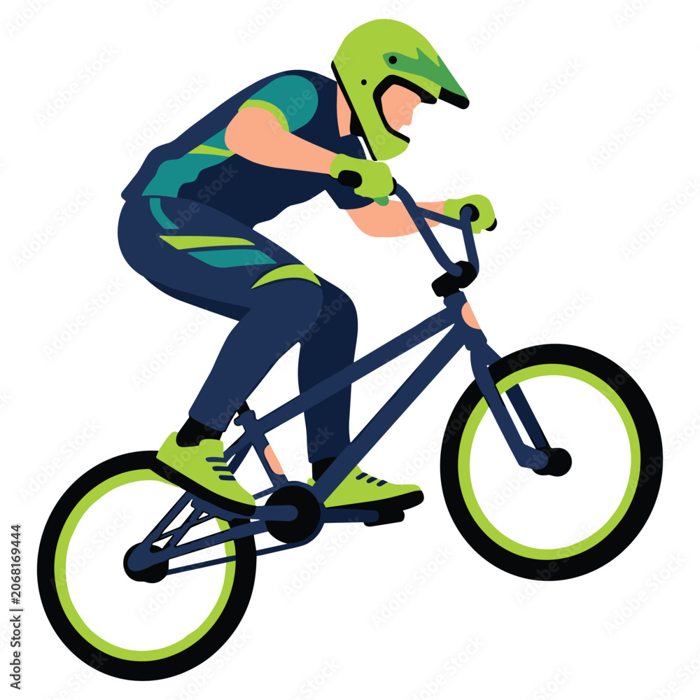 Naklejka premium Bmx rider performing jumping stunt in full protective gear on mountain bike vector design.