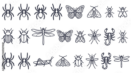 Fotografía Insects and arachnids linear icon set including spiders butterflies scorpions and beetles