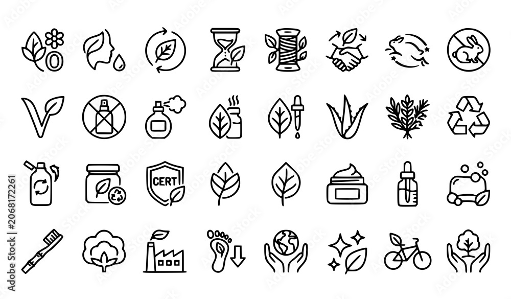 Obraz premium Organic Cosmetics Line Icon Collection with Eco Beauty Sustainable Fashion and Natural Skincare Outline Symbols