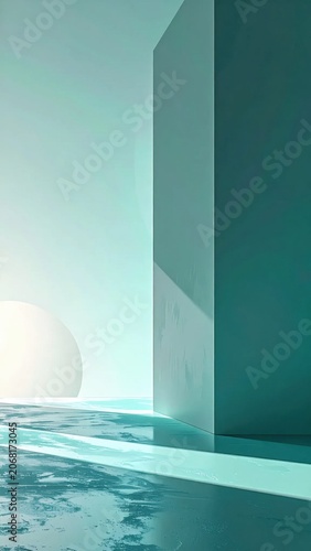 Abstract tall monolith pillar casting shadow on liquid surface, surreal digital landscape, ethereal atmosphere, futuristic zen meditation background