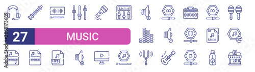 Obraz na płótnie Set of 27 linear Music icons for web projects, mobile apps and interface menus