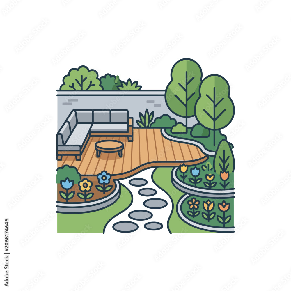 Obraz premium Modern Backyard Oasis: Deck, Sofa, Flowers, and Stepping Stones