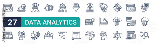 Set of 27 thin line Data Analytics icons for app screens, websites and product dashboards. Outline vector pack featuring modeling, data integration, predictive, Intelligent Assistant, data
