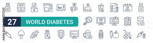 Set of 27 thin line World Diabetes Day icons for app screens, websites and product dashboards. Outline vector pack featuring pills bottle, syringe, weight scale, broccoli, folder and no sweets.