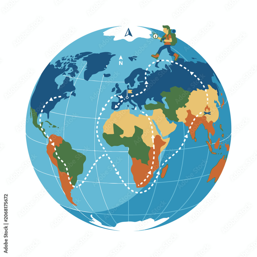 Fototapeta premium Person walking around the world map illustration.