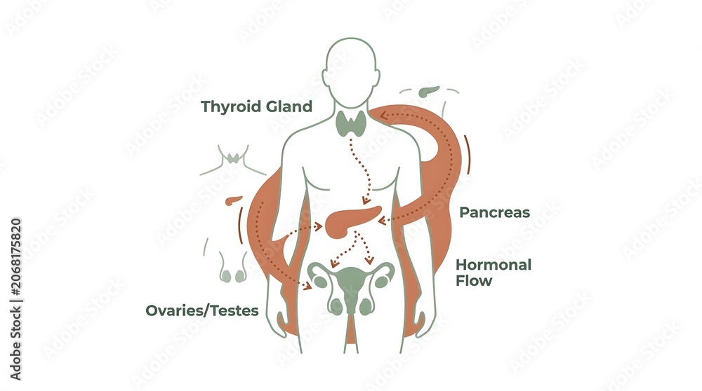 Fototapeta premium Diagram illustrating the human endocrine system with thyroid gland, pancreas, ovaries/testes, and hormonal flow pathways.