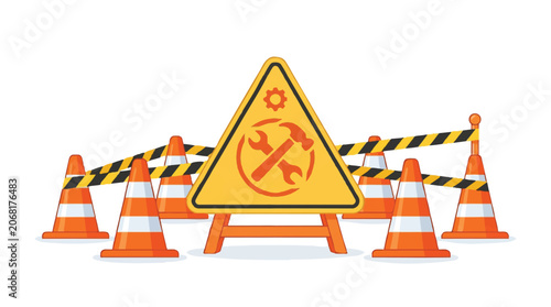 Under Construction Illustration with Maintenance Sign, Traffic Cones, and Caution Tape for Website Repair and Updates