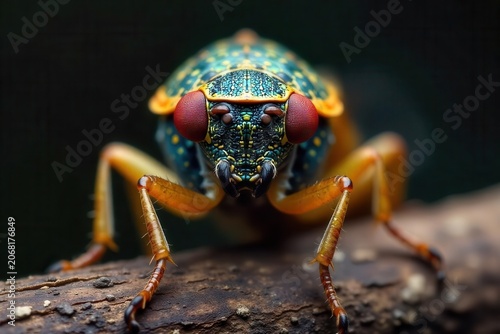 Cicada close-up; multifaceted eyes, wings on bark, detail, summer, wings