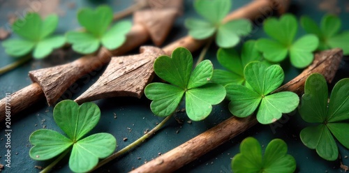 Close-up of clover arrows crafted from natural material, rustic texture , still life, organic, detail