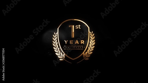 Luxury Golden 1st Year Anniversary Badge with Laurel Wreath on Black Background