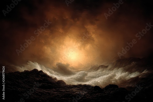 Dark Fantasy Landscape With Glowing Orbs Scattered Across Jagged Rocky Terrain Under Hazy Orange And Brown Sky With Bright Central Light Source
